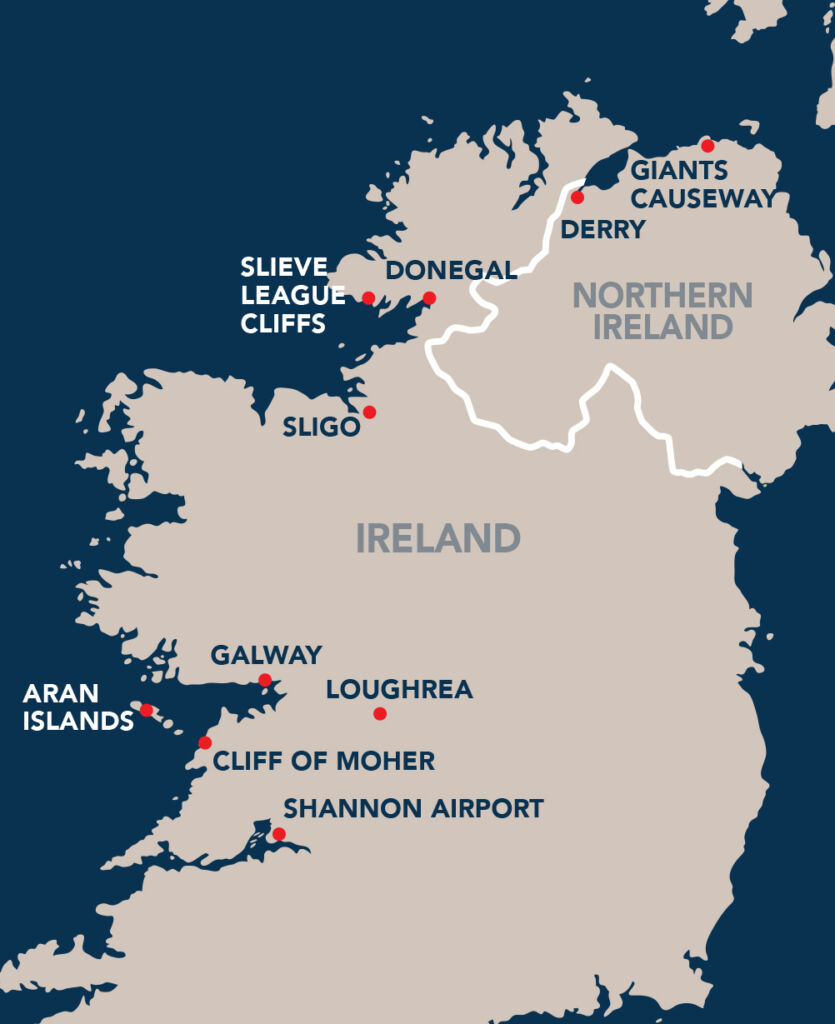 map of ireland with plotted trip destinations